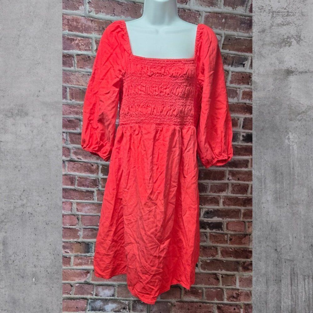 Isabel Maternity Coral Mini Dress Medium Smocked Puff Sleeve Linen‎ Blend